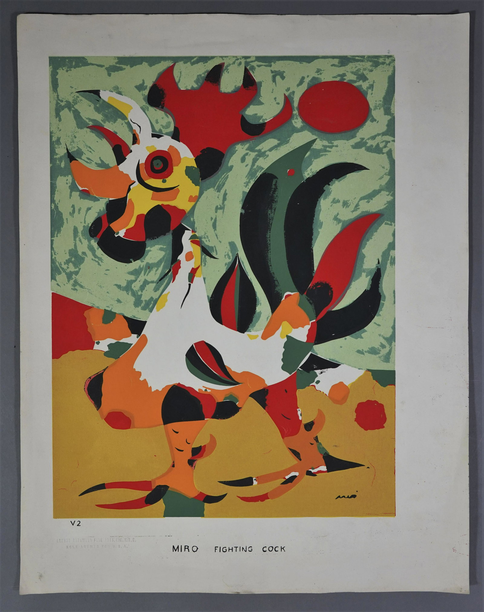 Joan Miro (Spanish,1893-1983): Fighting Cock, Lithograph on paper with a stamp of ARTHUR ROTHMANN FINE ARTS INC. N.Y.C. SOLE AGENTS FOR U.S.A. Overall dimensions: H. 20 in., W. 15 1/2 in. Sight: H. 15 1/2 in., W. 11 1/2 in.