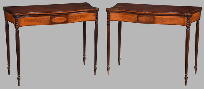 Pair Federal Style Inlaid Mahogany Card Tables: In North Shore Massachusetts taste, late 19th / early 20th century Birch and mahogany, each with a serpentine front top with checkerboard inlaid edge, above a flame birch inlaid apron, on tapered, ree