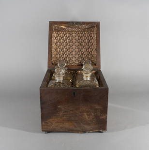 Late Georgian Decanter Set in Mahogany Box: English, late 18th / early 19th century Four gilt decorated blown glass decanters, in a fitted paper lined storage box. H. 8 1/2 in., 7 1/4 x 7 1/4 in. Provenance: Western Connecticut Collection, Acqu