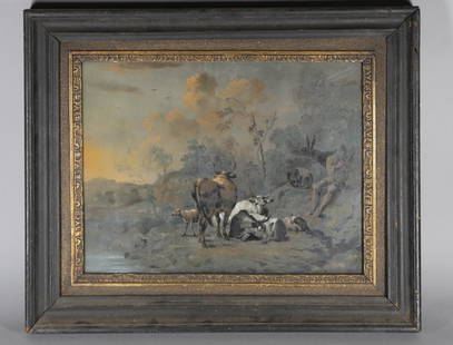 Scottish School Landscape with Cows: 18th century Pastel on paper drawing under glass, depicting a fold of Highland cattle, the keeper nearby playing a bagpipe, in original frame and glass. Sight size, 11 1/4 x 14 3/4 in. Provenance: Wes