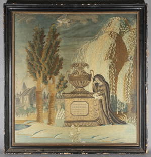 Federal Needlework Mourning Picture: American, Early 19th century Executed in silk and chenille threads on a silk ground with watercolor painted face showing a young women in a landscape grieving beside an urn-topped monument inscribed &