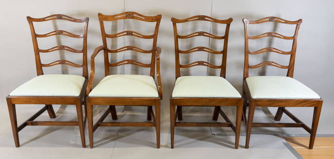 Rare Set of Federal Savannah Georgia Dining Chairs: Georgia, circa 1790 Each with branded mark "GL" on back rail, likely for Gabriel Leaver, Savannah, circa 1790, each with arched crest, pierced ribbon backs, each with central rosette,