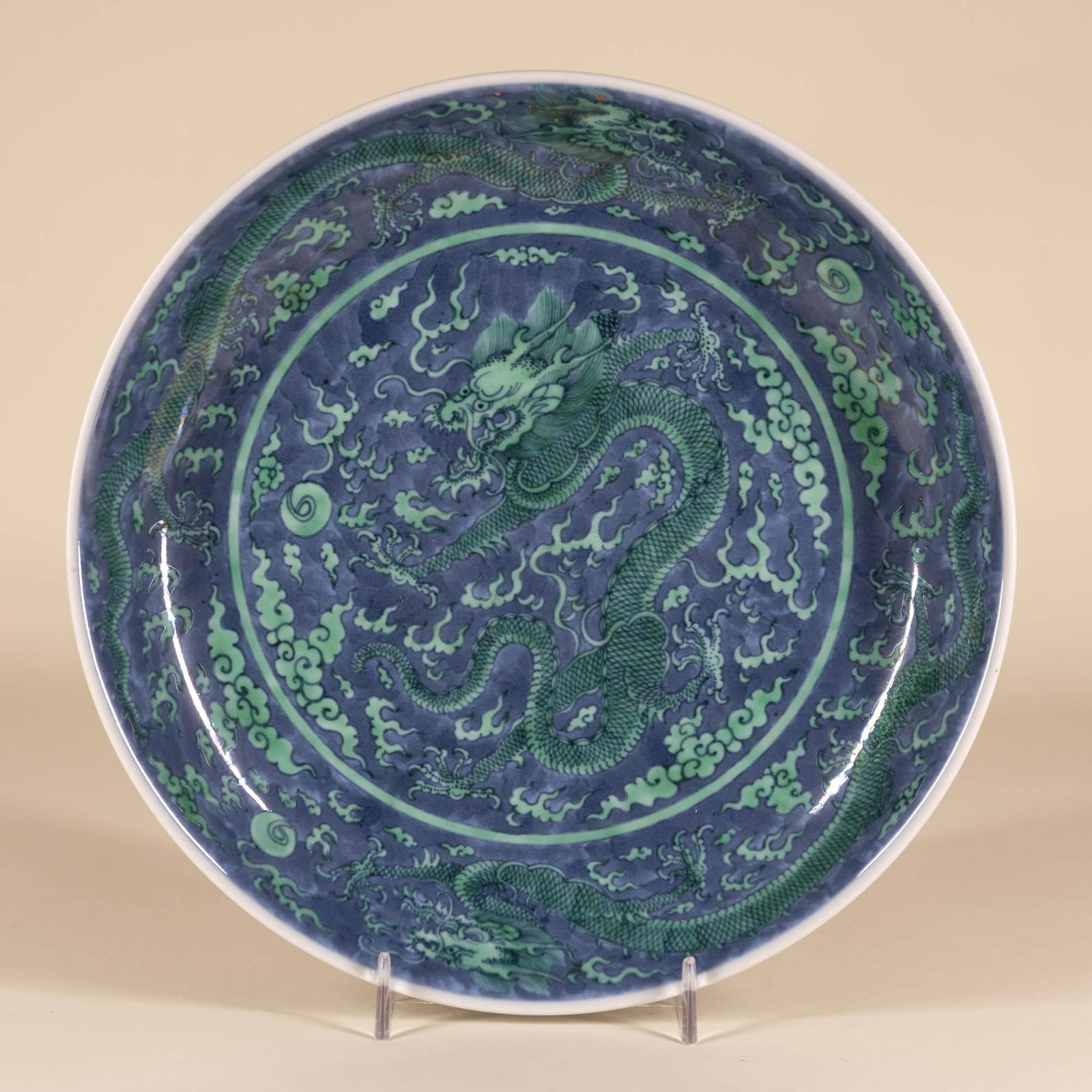 Green and Blue Glazed Dragon Plate with Mark (1 of 12)