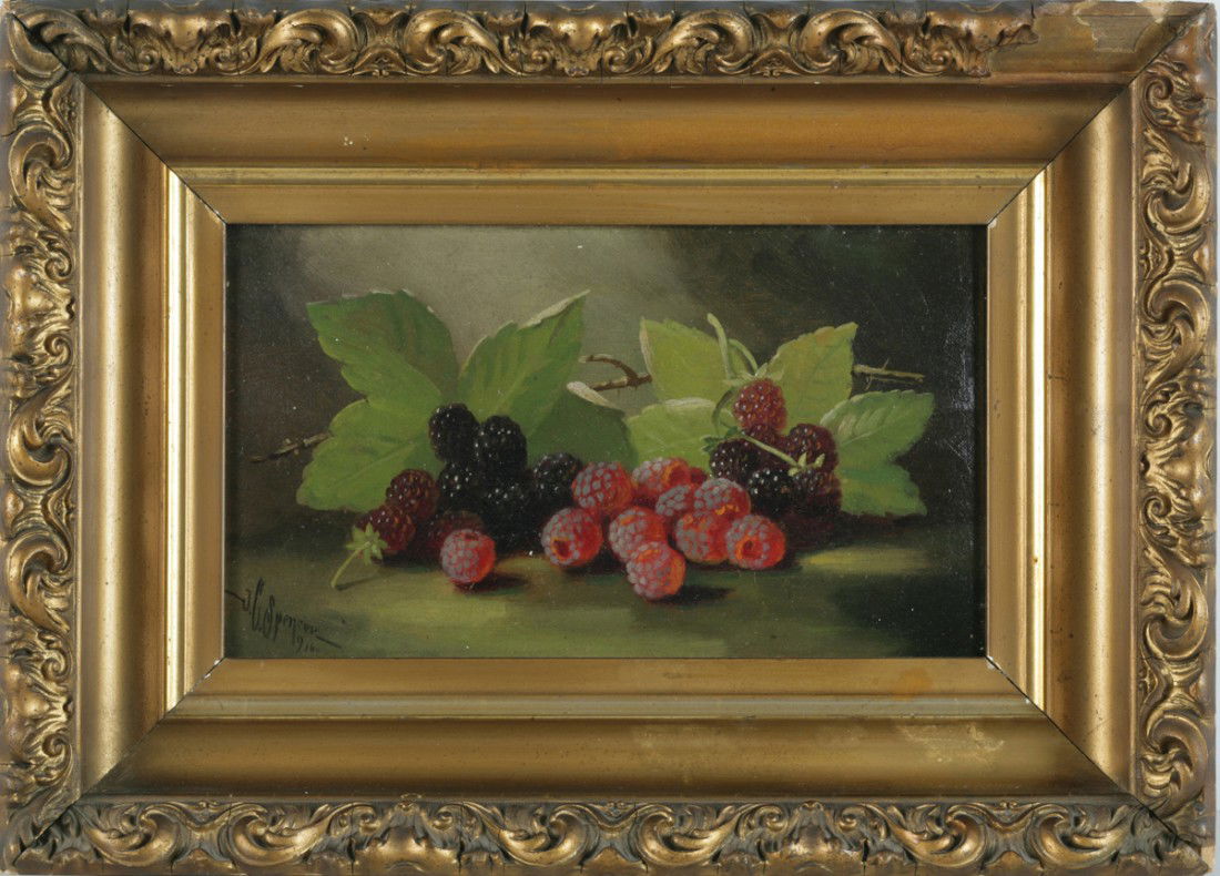 John Clinton Spencer (American, 1861-1919): John Clinton Spencer (American, 1861-1919) STILL LIFE WITH RASPBERRIES Signed and dated lower left ""J. C. Spencer / 1916"" Oil on canvas 7 x 12 in. Property of a West Coast Gentleman Estimate: $500-7
