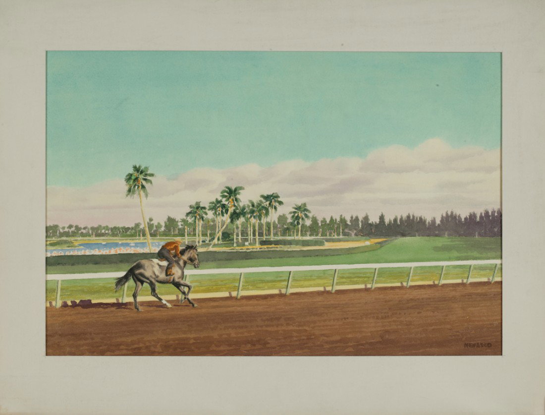 Milton Talbot Menasco (American, 1890-1974): Milton Talbot Menasco (American, 1890-1974) EARLY MORNING HIALEAH, FLORIDA, WITH FLAMINGOS Signed lower right ""MENASCO"" Watercolor on paper Unframed 15 1/2 x 22 3/4 in. Provenance: The artist to Flo