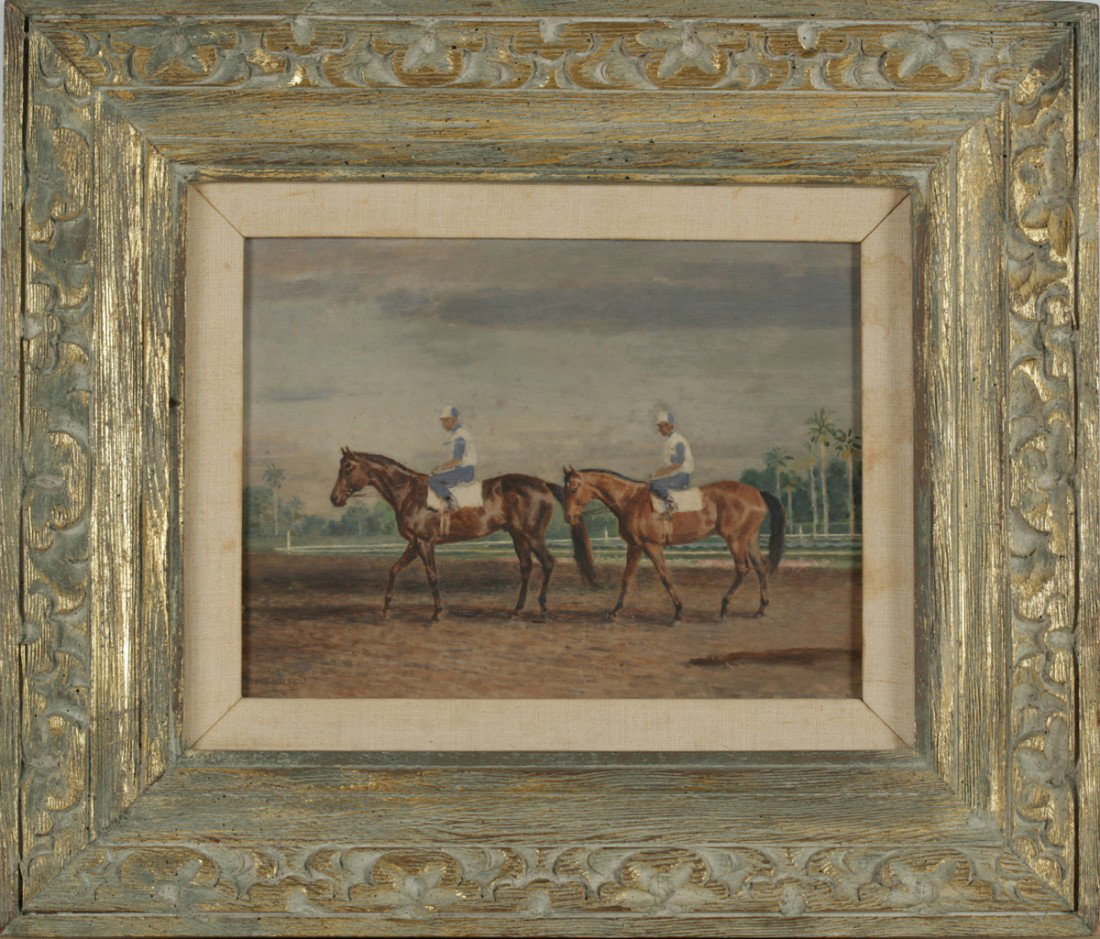 Milton Talbot Menasco (American, 1890-1974): Milton Talbot Menasco (American, 1890-1974) CICADA AND SIR GAYLORD AT HIALEAH Signed lower left ""MENASCO"" Inscribed verso ""Cicada and Sir Gaylord"" Oil on masonite 9 x 12 in. Provenance: the artist