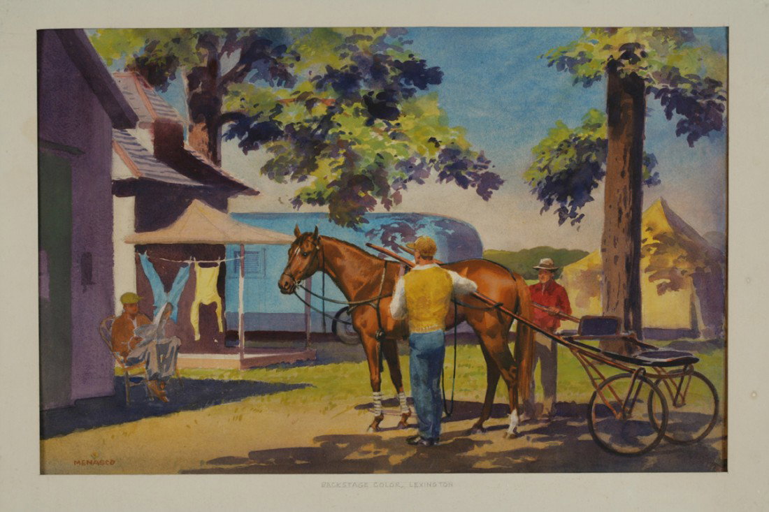 Milton Talbot Menasco (American, 1890-1974): Milton Talbot Menasco (American, 1890-1974) BACK STAGE COLOR, LEXINGTON Signed lower left ""MENASCO"" Inscribed with title on the mat Inscribed with the artist's address on the backing board Watercolo