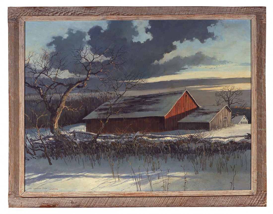 Eric Sloane (American, 1905-1985), The Carriage Bar: Eric Sloane (American, 1905-1985) THE CARRIAGE BARN Signed lower left ""THE CARRIAGE BARN SLOANE"" Oil on masonite Appears to retain the original frame 30 x 40 1/4 in. Provenance: Acquired directly fr