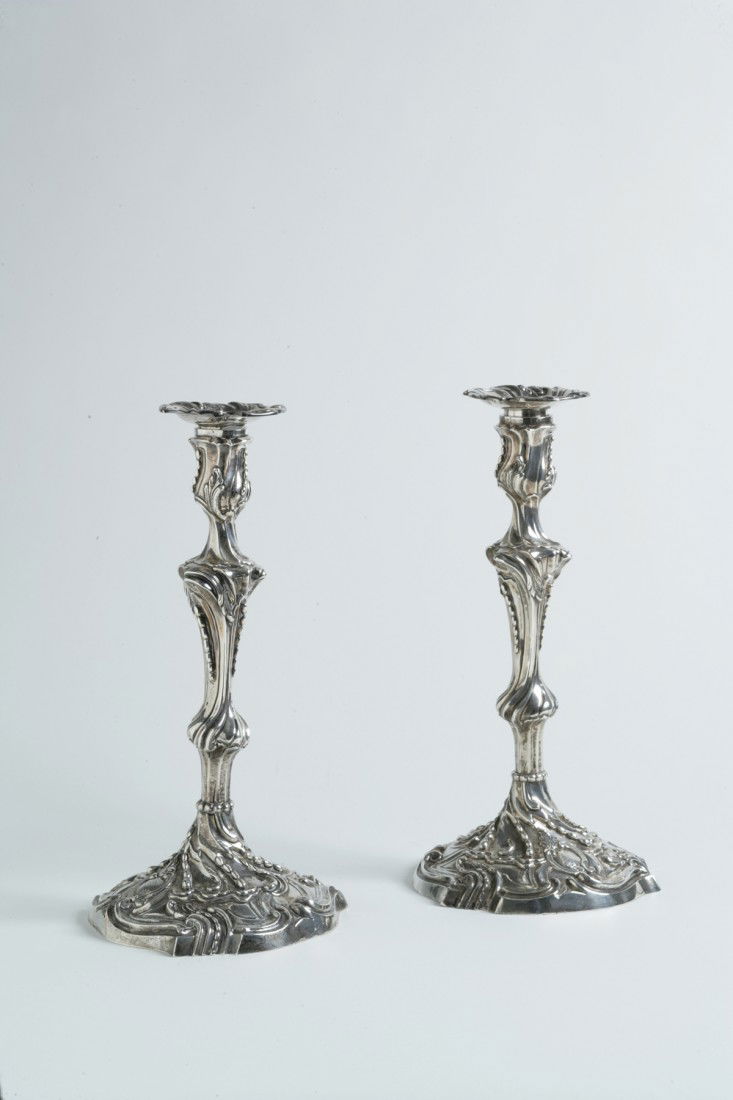Pair of Rococo Silver Candlesticks with Bobeches: Pair of Rococo Silver Candlesticks with Bobeches John Carter, London, 1768 with Carter's touchmarks h. 10 1/2 in. Property of a Massachusetts Gentleman Estimate: $4,000-8,000
