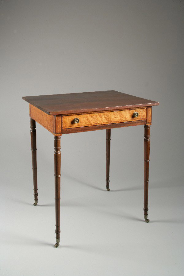 A Federal Bird's Eye Maple and Mahogany Sewing Tabl: A Federal Bird's Eye Maple and Mahogany Sewing Table and a Federal Mahogany Sewing Table Massachusetts, probably Boston, circa 1805 h. 28 1/2 in., w. 26 3/8 in., d. 22 1/4 in. Provenance: Collected mi
