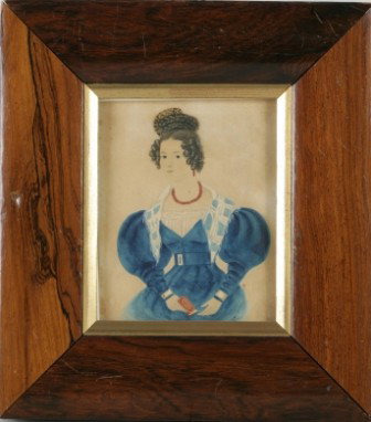 Three Watercolor Portraits (3): Three Watercolor Portraits First half, 19th Century The first portrait of a young lady in blue, inscribed on verso ""By MARY GREEN, 1834 / WIFE OF JAMES GREEN (Portrait Painter) / exh 131 at RA"" (5 x