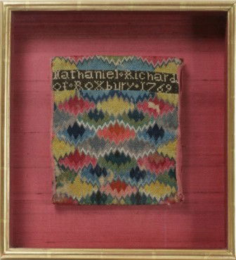 Needlework Flamestitch Pocketbook: Needlework Flamestitch Pocketbook Roxbury, Massachusetts, circa 1769 The front inscribed ""Nathaniel Richards of Roxbury, 1769"" Cotton thread, satin Provenance: The Rosen Family Estate, Boston, MA Li