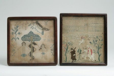 TWO SCHOOLGIRL SAMPLERS: TWO SCHOOLGIRL SAMPLERS The first inscribed ""MARY COOPER"" and dated 1720, probably English. The second, probably 19th century, English, with stylized depiction of Adam and Eve. 9 x 8 in. and 8 1/4 x