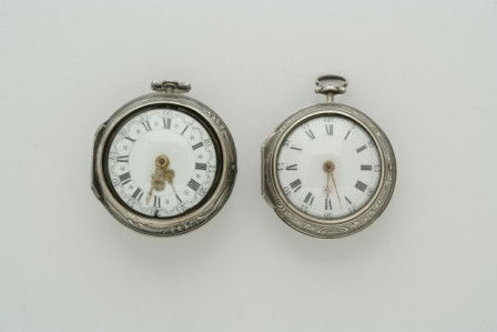Two Silver Repousse Pair Case Pocket Watches: Two Silver Repousse Pair Case Pocket Watches The first: London, circa 1750, made for the Dutch market Enamel Dutch style arcaded dial with gilt filigree hands, repousse design on back cover depicts fi