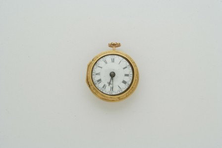 Gold-Tone Repousse Pair Case Pocket Watch: Gold-Tone Repousse Pair Case Pocket Watch Willamson, London; hallmarked 1737 made for the Dutch market Enamel Dutch style arcaded dial with Roman numbers, Arabic five-minute divisions, gilt beetle and