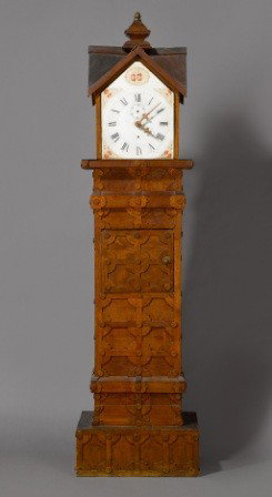 Tramp Art Tall Case-Clock: Tramp Art Tall Case-Clock American, 19th century with painted wooden dial and wooden works h. 78 1/4 in. Property of a Lady Estimate: $1,000-1,500