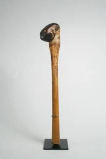 Penobscot Birch Root Club with Carved and Painted: Penobscot Birch Root Club with Carved and Painted Bear Circa 1890-1920 Unusual example with a large bear head carved at the club end. The face is painted red with red eyes. Foliate chip carving