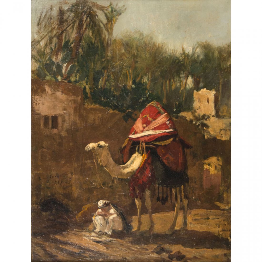 Frederic Arthur Bridgman (American, 1847-1928): Frederic Arthur Bridgman (American, 1847-1928) Camel and Merchant at a Town Gate Signed with initials and inscribed, ""To my friend WB"" Oil on panel 22 x 16 1/2 inches Estimate: $5,000-10,000 Propert