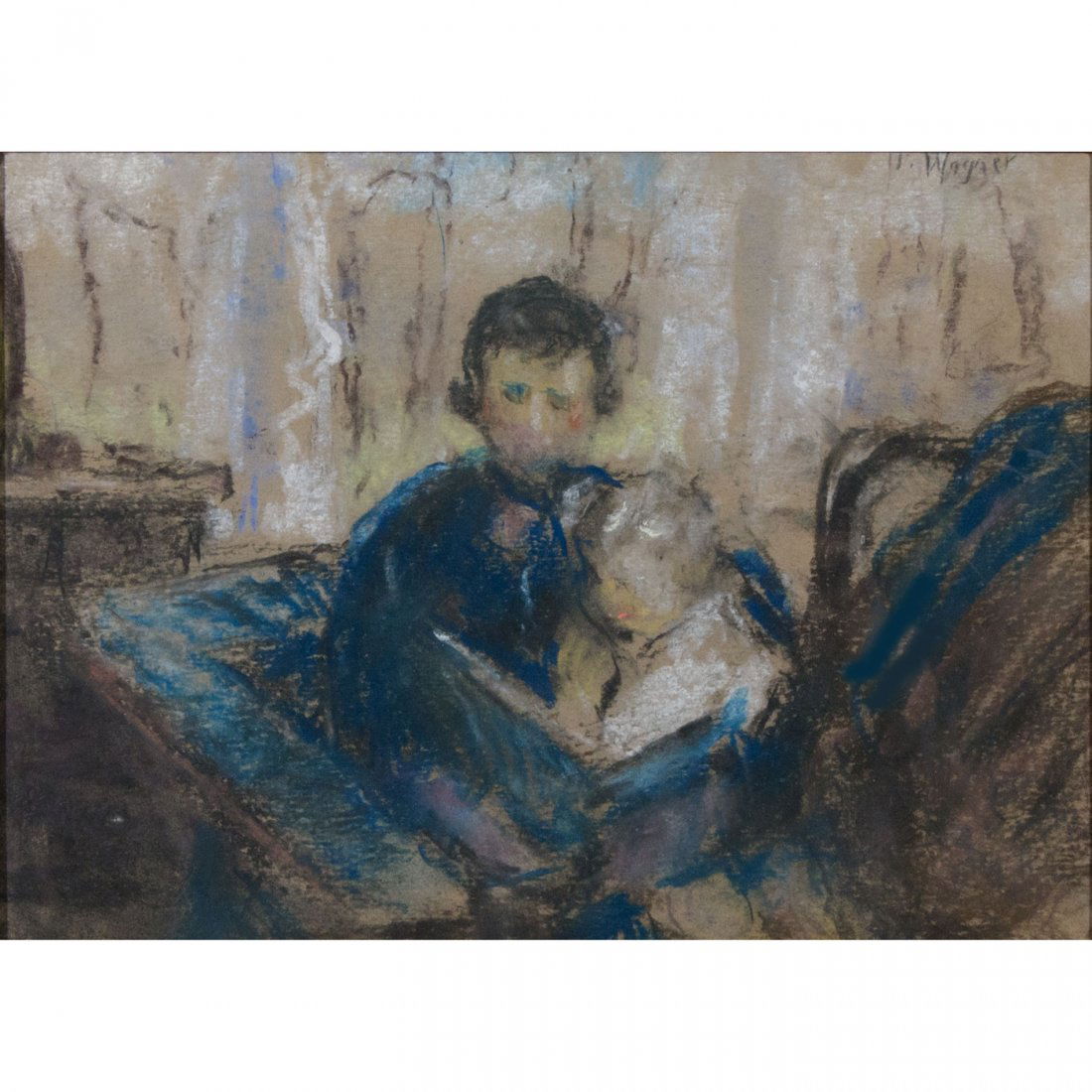 Frederick R. Wagner (American, 1864-1940): Frederick R. Wagner (American, 1864-1940) Mother and Child Reading Signed upper right ""F. Wagner"" Pastel on paper 8 x 10 1/2 inches Estimate: $1,000-2,000 Property of Another Owner