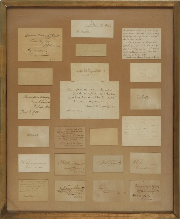 A Collection of Twenty-One Autographs: The lot includes autographs by Oliver Wendell Holmes, Henry W. Longfellow, Booker T. Washington, and General W. T. Sherman Comprising: Booker T. Washington, Tuskegee, Alabama, Aug 8, 1905, Phillips Br