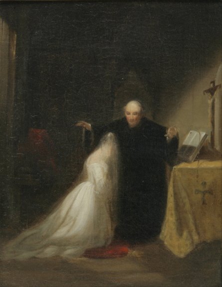 English, Second Half 19th Century: Juliet in Friar LaurenceÕs Cell Oil on canvas 16 x 12 _ inches Provenance: Handwritten note verso reads ÒIt belonged for many, many years to William Jaggard, descendent of Isaac Jaggard, who with Ed