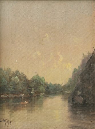 Nelson Augustus Moore (American, 1824-1902): View on Mahong River, 1895 Initialed and dated lower left 1895 Oil on board 5 _ by 4 1/8 inches Estimate: $200 - $400