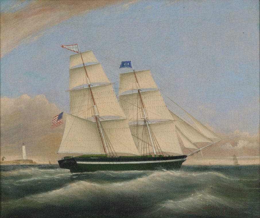 Clement Drew (American, 1806-1889): Brig Antares Off Boston Light Inscribed lower right: "ANTARES W COUSEN / MASTER BOUND FOR DEMERARER (sic)" Oil on canvas laid down on panel 20 _ x 24 inches Estimate: $2,000 - $4,000 Condition: Cracqu