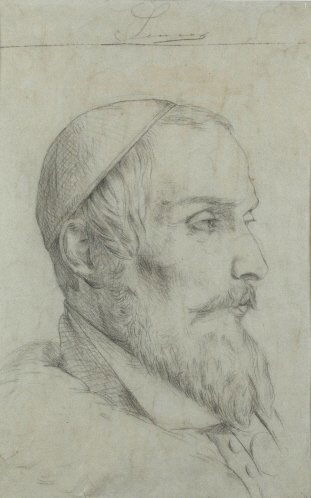 Georges Seurat (French, 1859-1891): Portrait of a Cardinal Circa 1876-1879 Signed on verso in red crayon: "Georges Seurat" Black crayon on blue rag paper with watermark "DC" 18 1/4 x 12 1/4 inches Provenance: The collection of Felix Fen