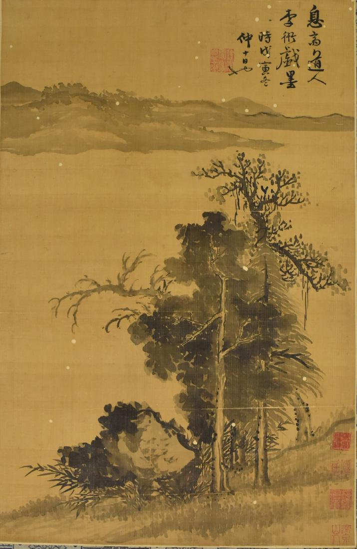 Attributed To Li Kan (1245-1320): Attributed To Li Kan (1245-1320) Ink On Silk, Hanging Scroll, In Year 1278, Signed,Dated And Seals. With Many Collector Seals. 51 x 33 cm (20 x 13 in) 傳 -李衎 (1245-1320) 約1.