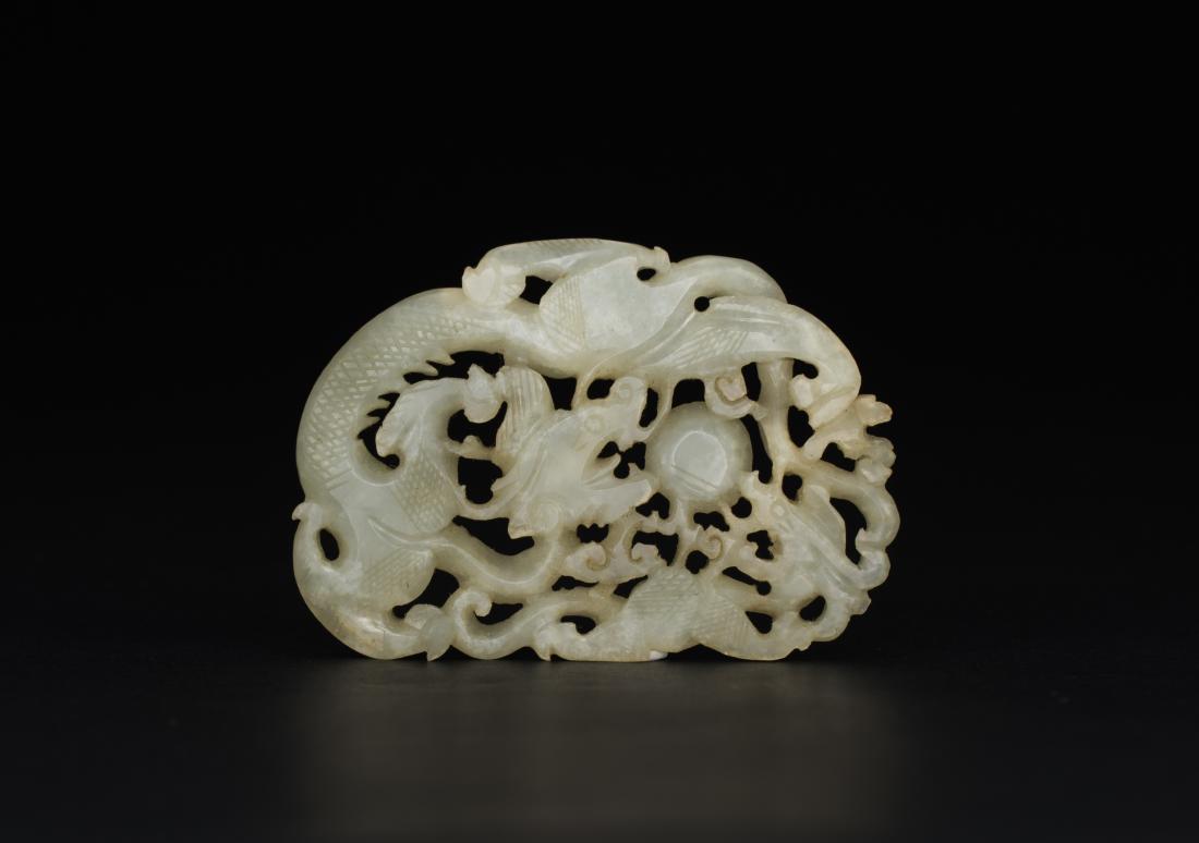 Ming - A White Jade Carved Dragon Chase Pearl Pendant (1 of 4)