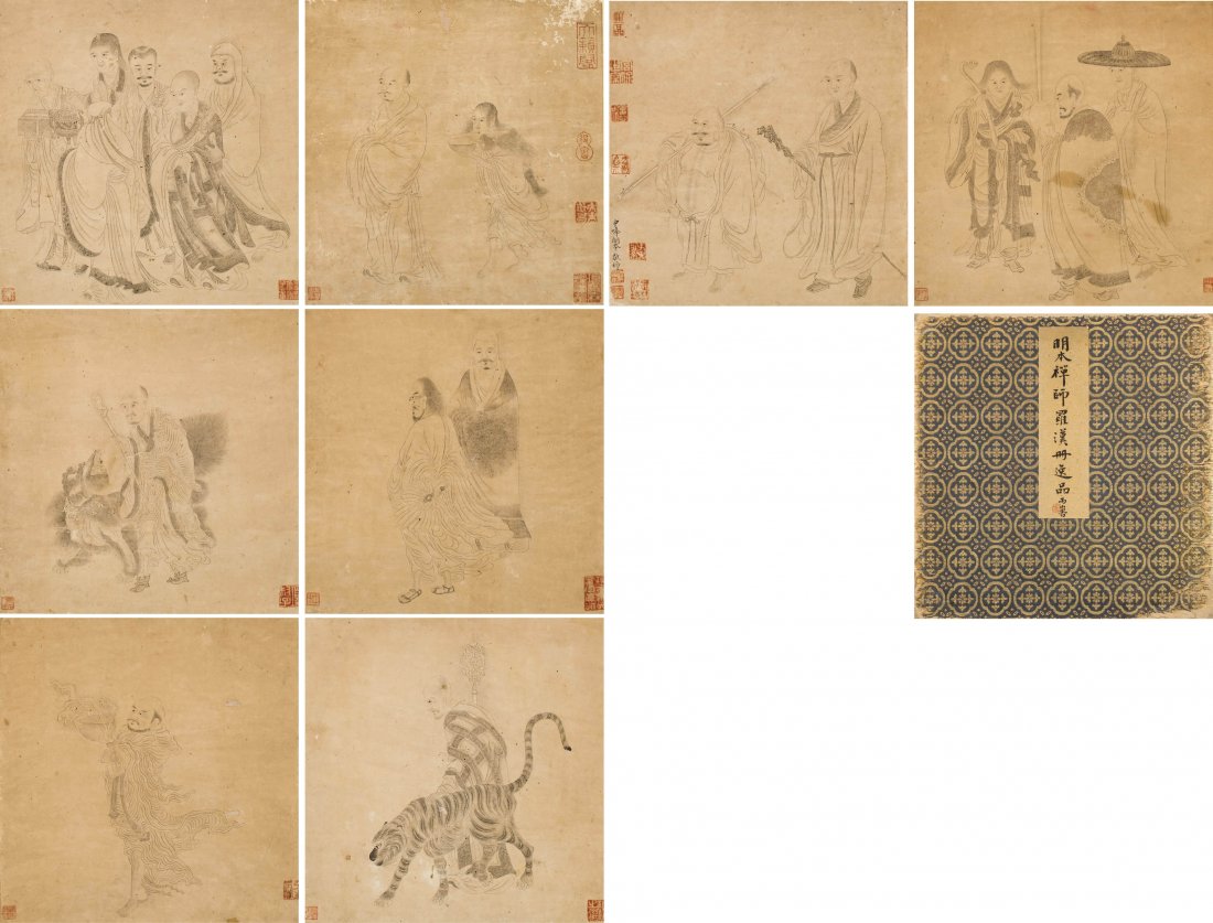 Attributed To:Ming Ben Chanshi(1262-1323): Attributed To:Ming Ben Chanshi(1262-1323) Ink On Paper,Eight Page Album,Signed And Seals,With Many Xiang Zi Jing Collector Seals 畫心：30 X 29 cm X 8 傳 - 明本ķ