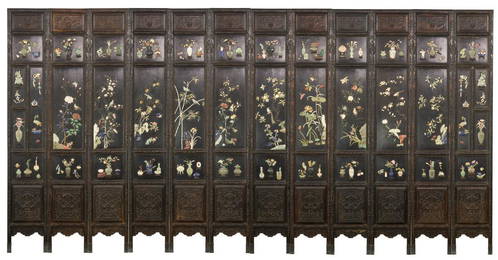 Qing-A Zitan Gems-Inlaid Tweleve-Panels Screen