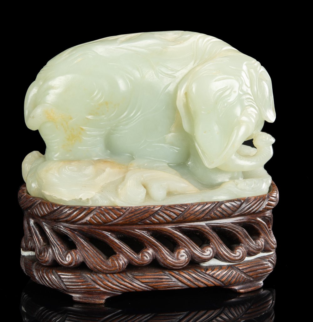Qing-A White Jade Carved Elephant with WoodStand (1 of 7)