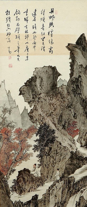 Pu Ru (1896-1963)-Landscape Ink And Color On Paper: Landscape Ink And Color On Paper Hanging scroll. 38-1/2 x 16-3/8 in. 溥儒 (1896-1963) 立軸： 設色紙本 鈐印：天籟 