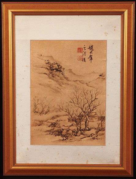 Lan Ying (1585-1664)-Mounted; ink on paper.: Mounted; ink on paper.10-1/4 x 7-1/8 in. 藍瑛 (1585-1664) 松三茅舍 鏡心 水墨紙本 題識：趙大年