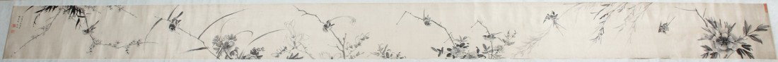 Li Yin (1616-1685)-Birds And Flowers: Handscroll, ink on stain; dated wuyin year, inscribed and bearing the signature Li Yin with three seals reading zhu xiao xuan, Li Yin Zhi Yin and Shi An. 130-1/2 x 9-1/2 in. Provenance 來源