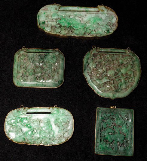 Late Qing/Republic-A Set Of Jadeite Mount Plaque T: Late Qing/Republic-A Set Of Jadeite Mount Plaque Total 5 Peice H: 3-5/8 W: 4-1/2 in; H: 3-3/4 W: 3-1/8 in; H: 4-1/2 W: 5 in; H: 3-1/8 W: 5-3/4 in; H: 3-3/8 W: 7-1/2 in. 晚清/民ࢴ