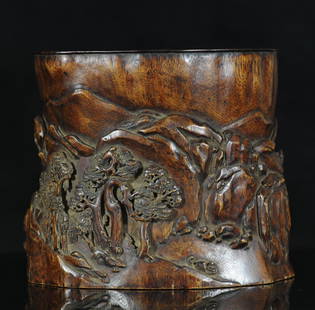 A large agalloch brush pot: Dimensions: H: 18 cm. W: 21 cm. 沈香雕山水大筆筒