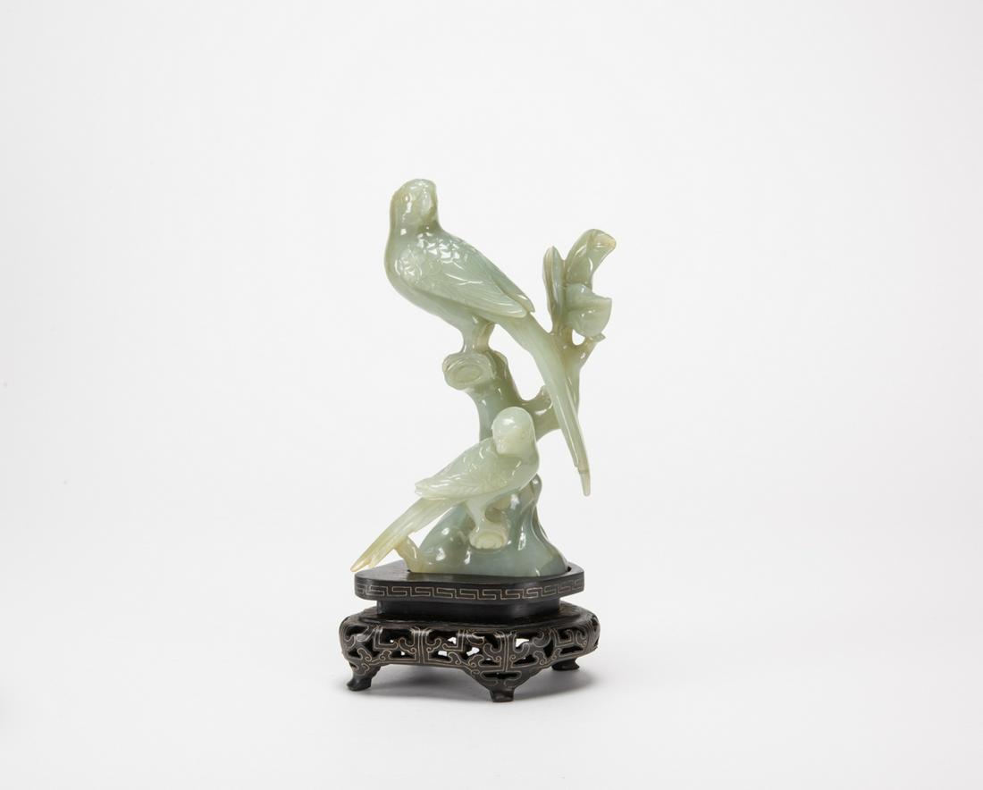 Early 20th Century - A Green White Jade Carved Parrots (Woodstand) (1 of 7)