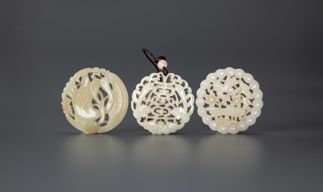Late Qing/Republic-A Group Of three White Jade Carved ‘Shou,Magpie’ Pendants (1 of 4)