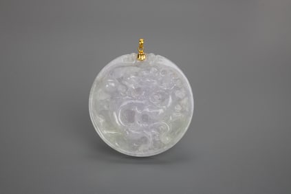 A Semi-Translucen Lavender Jadeite Carved ‘Dragon’ Mounted With 18k Gold Pendant.