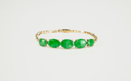 A Five Small Pear Shape Jadeite Mounted With 14k Gold Bracelet.