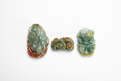 A Group Of Three Jadeite Pendant. Carved Monkey, Dragon And Child.