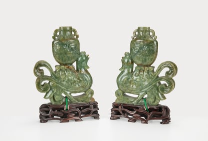A Pair Of Jadeite Carved Phoenixs Vases.