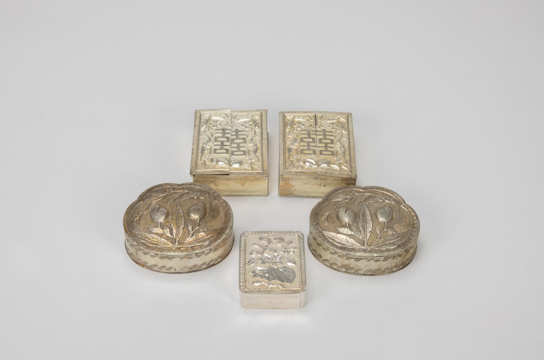 A Group of Five Chased Silver Rouge Boxes, (1 of 6)