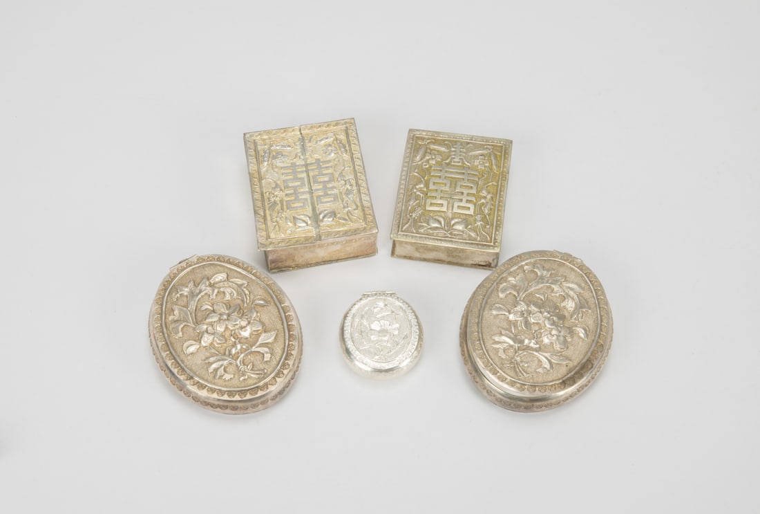 A Group of Five Chased Silver Rouge Boxes, (1 of 7)