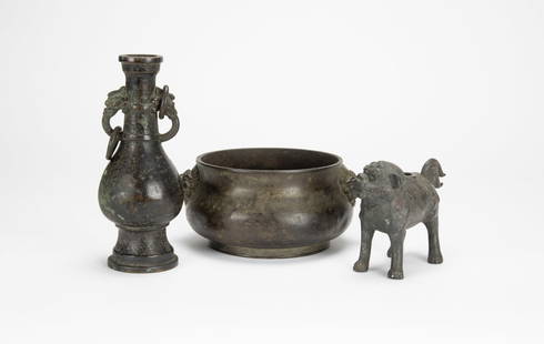 A Group Of Three Bronze: A Group Of Three Bronze (Censer, Vase And Lion) Censer with &#8216;Da Ming Xuande Nian Zhi&#8217; Mark. Late Qing Censer D: 18 cm ,Vase H: 18.5 cm Lion L: 14 cm &#26202;&#28165; - &#37509;&#39321;&#29