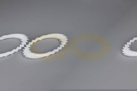 A Jadeite Bangles And Double ring Pandent: A Jadeite Bangles And Double ring Pandent Inner D: 62 mm, Outer D: 80 mm 晚清 - 白玉繩紋手鐲 ( 一對 ) Provenance 來源 : Estate F