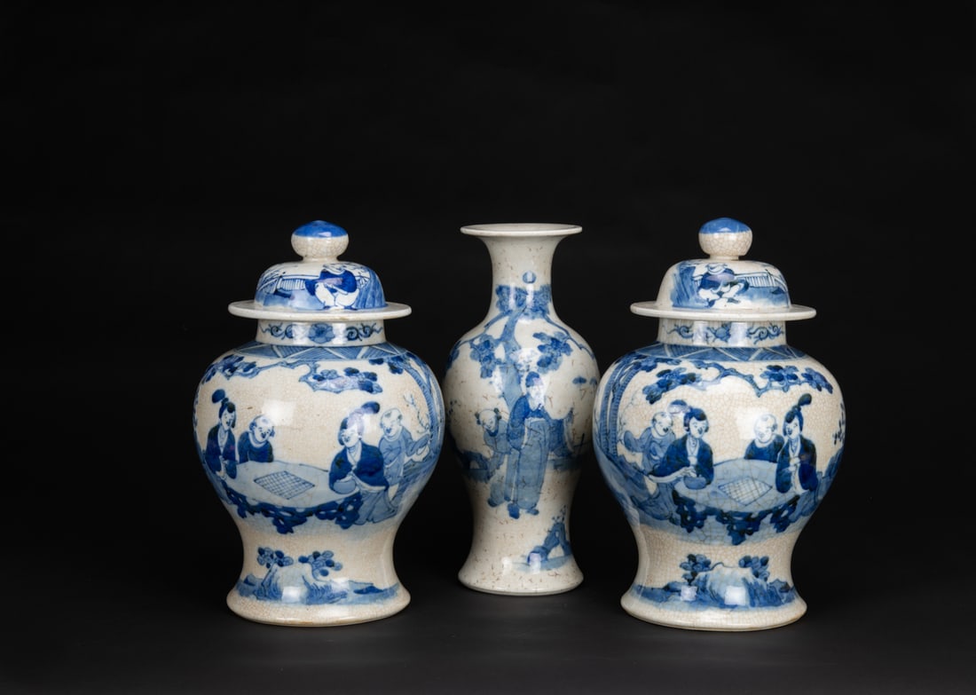 A Group Of Three Blue And White ‘ Figures’ Vase and Cover Jars (1 of 9)