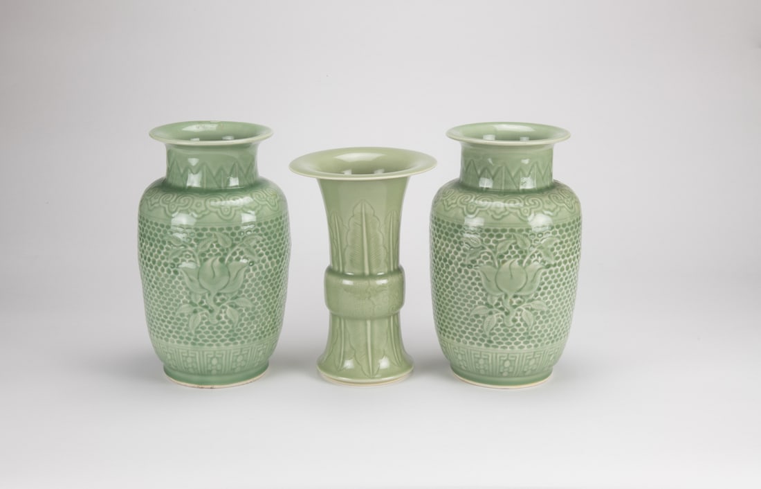 A Pair Of Light Green Glazed ‘Flowers’ Vases And A Light Green ‘Banana Leaf ’ Vase (1 of 9)
